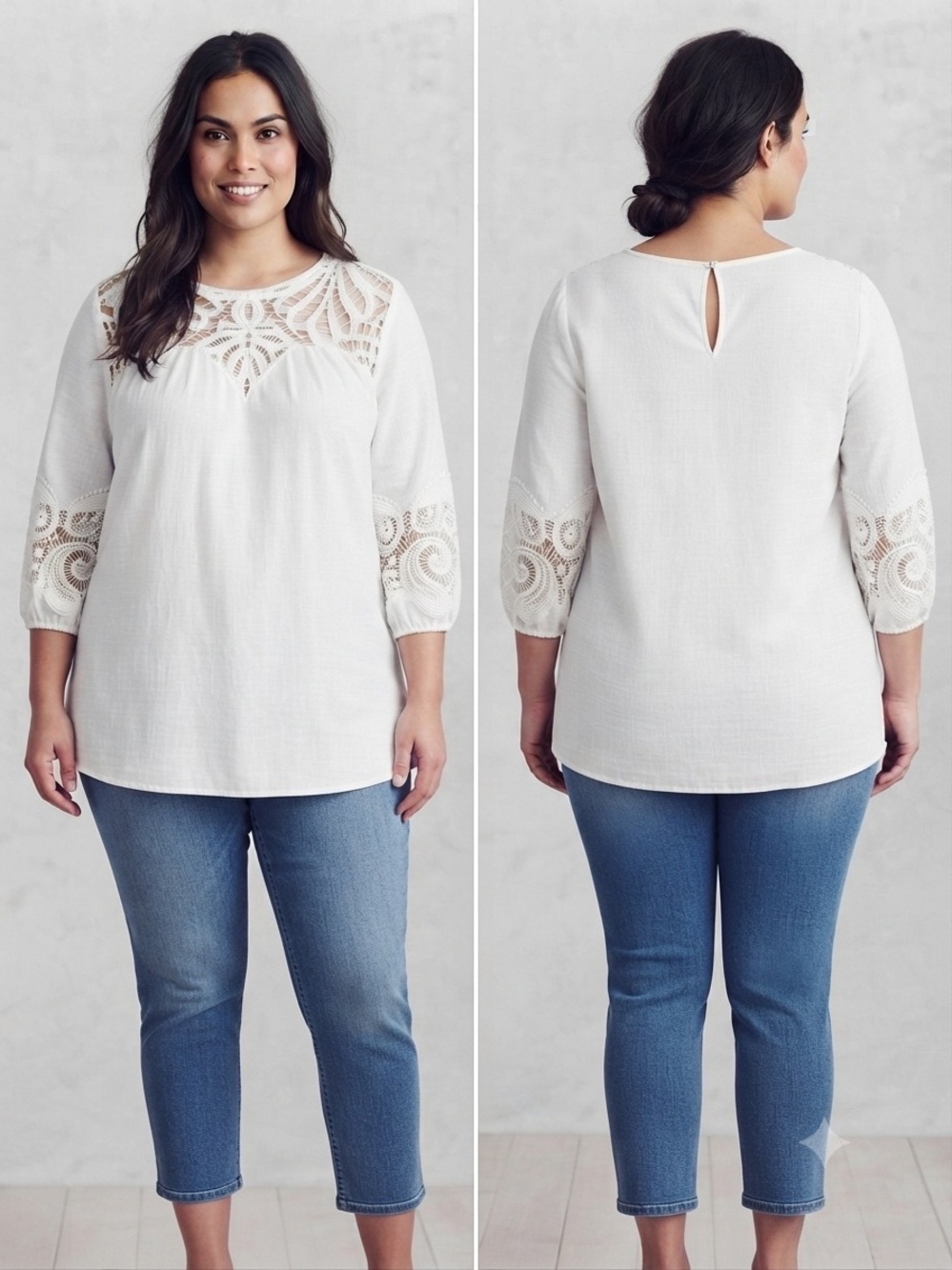 Crochet Yoke White Tunic with Lace-Trim Sleeves